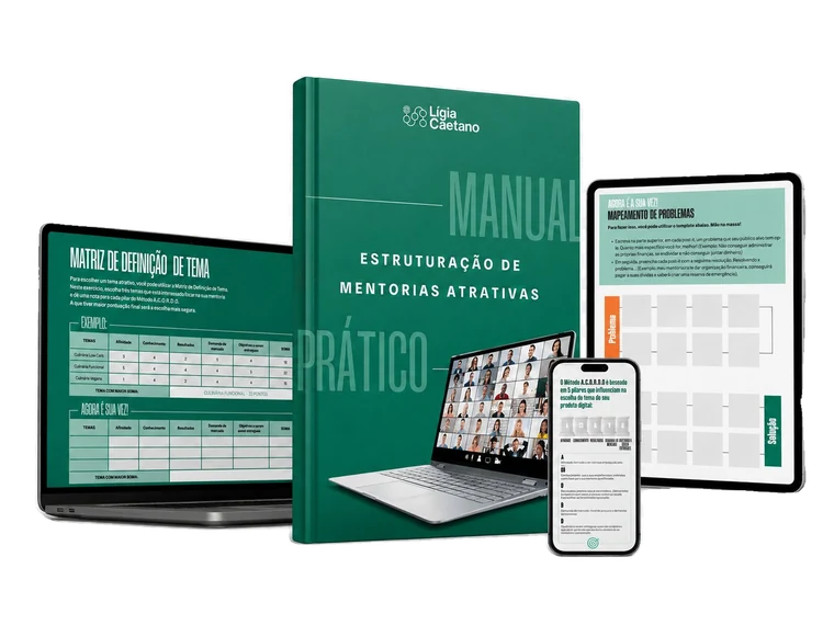 Manual Prático de Mentorias Atrativas — livro, notebook, tablet e celular